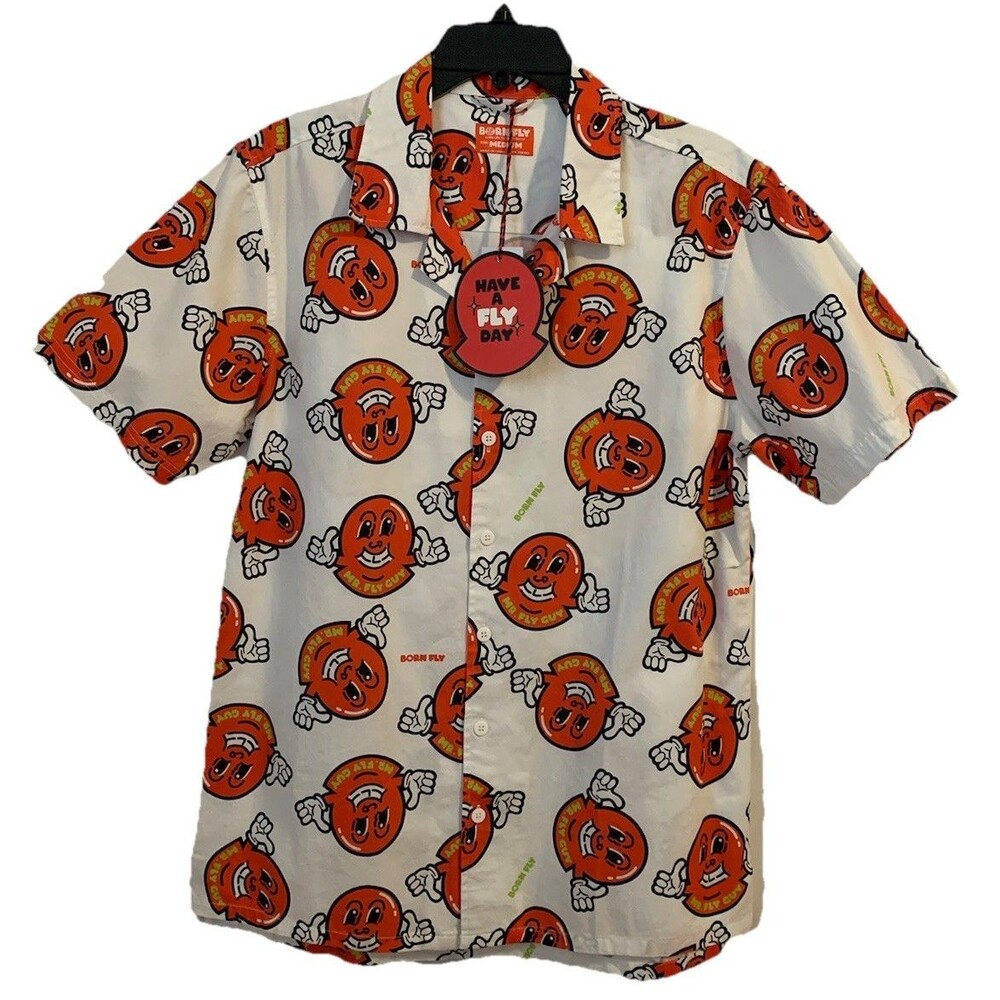 Born Fly Mens Size Medium Short Sleeve Mr Fly Guy Button Up Shirt NWT
